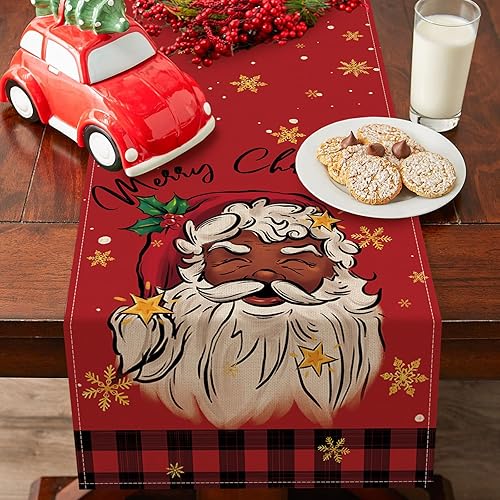 Miniatura 7 de Seliem Camino de mesa de Papá Noel negro, copos de nieve de Navidad, cuadros de búfalo rojo, decoración de mesa de comedor, decoración de casa de