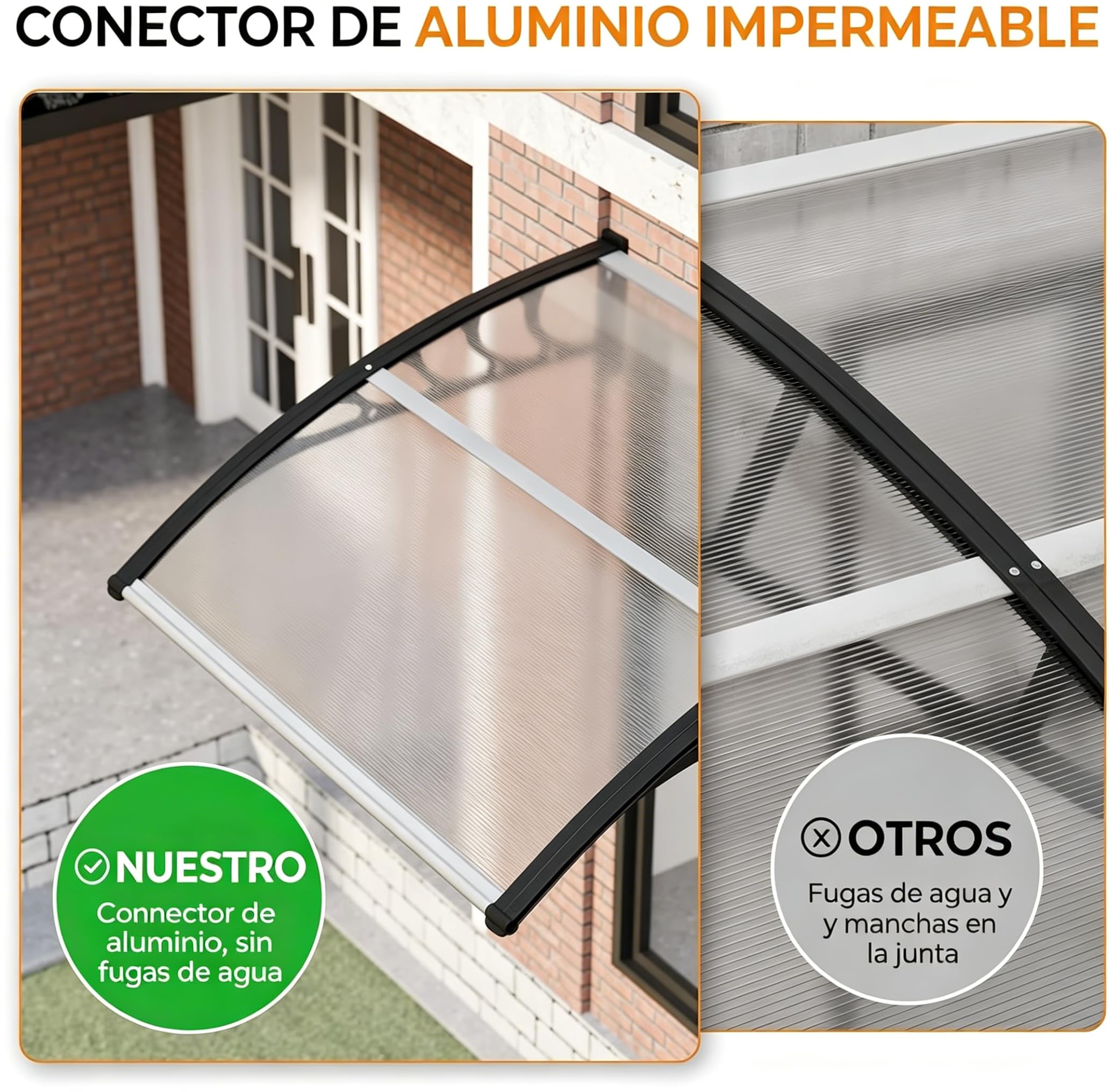 Garvee Marquesina Exterior de Policarbonato Tejadillo para Puerta y Ventana Cubierta Protectora contra Lluvia Nieve y Rayos UV Diseño Moderno Arqueado para Fachada (Marrón, 80x120cm)