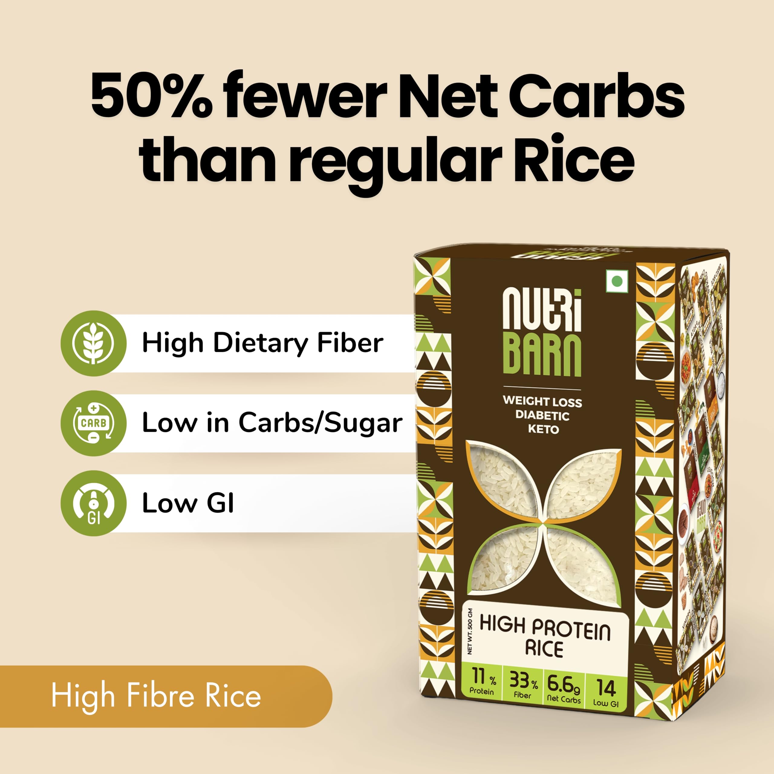 Nutribarn High Protein Low Carb Rice 1 Kg | 11% Protein | 6.6g Net Carbs | Lab Tested Low GI 14 | Diabetic Friendly, Weight Management High Fiber Rice | 500g (Pack of 2) 2