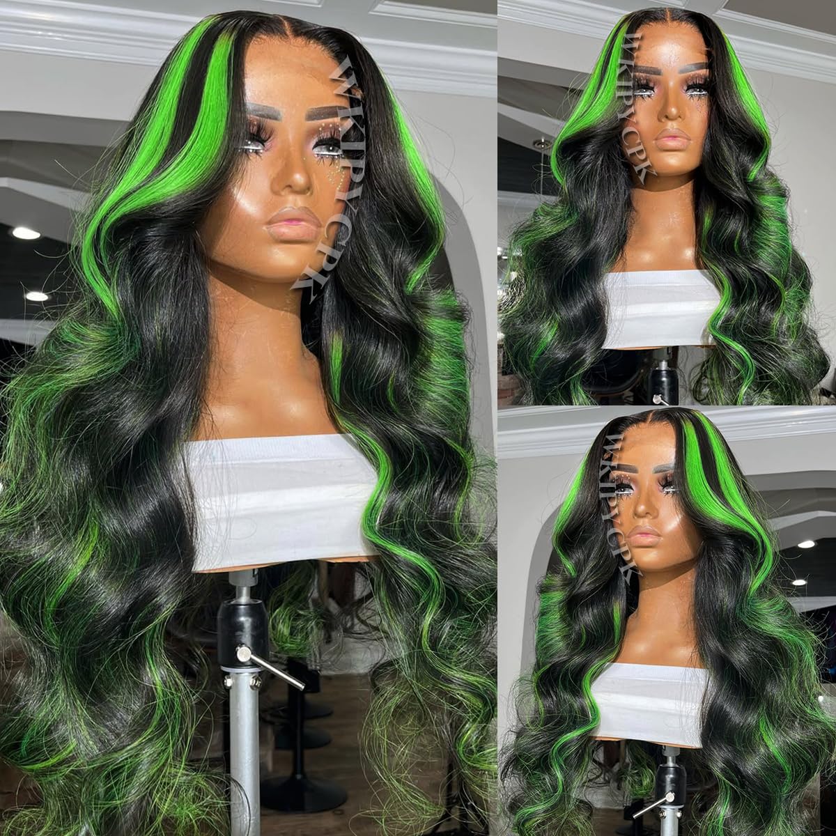 Green Highlight Lace Front Wig Black Hair with Green Skunk Stripe Synthetic Lace Front Wigs for Black Women 24 Inch Long Body Wave Heat Resistant Hair Pre Plucked Natural Hairline