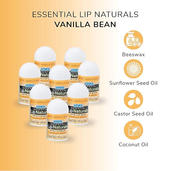 Lip Naturals | Assorted Mini Lip Balm with Sunscreen (SPF-15) | Made in USA | 12-Count Pack with Bing Cherry, Tea Tree Mint, and Vanilla Bean Flavors (0.10oz/3g Each)
