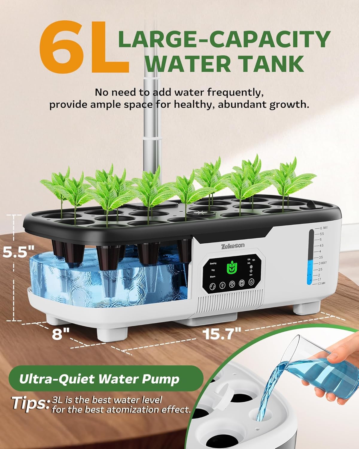 Misting Hydroponic Growing System Kit 15-Pods Indoor Smart Herb Garden Planter with LCD Touch Panel 6L Large Tank for Herb/Vegetables/Flowers/Fruits,Gardening Gifts for Women Men Beginners-White
