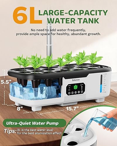 Miniatura 6 de Kit de sistema de cultivo hidropónico Misting de 15 cápsulas para jardín de hierbas inteligente para interiores con panel táctil LCD de 6 L, tanque