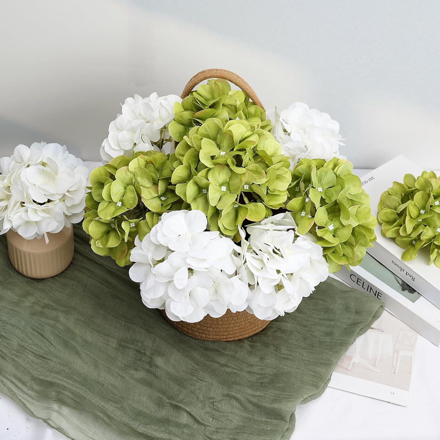 Hydrangea Artificial Flowers, 104 Pcs Faux Hydrangea Flowers Heads with Stems, Silk Realistic Fake Hydrangea for Wedding Centerpieces Home Garden Baby Shower Party Decoration - Green White