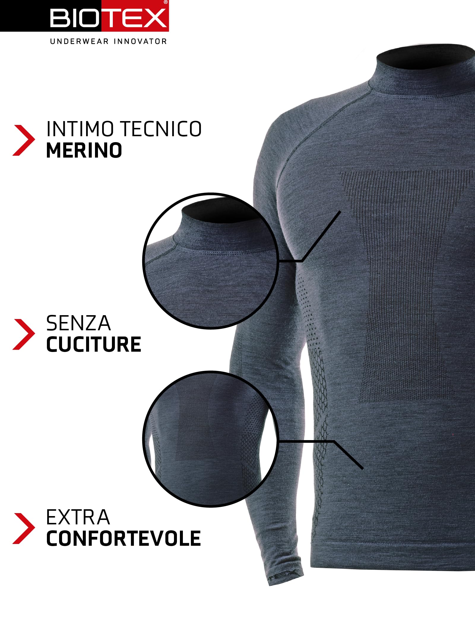 BIOTEX Lupetto Calore in Lana Merino per Ciclismo e Running, Intimo Tecnico Sportivo, Maglia Termica a Manica Lunga a Collo Alto, Grigio