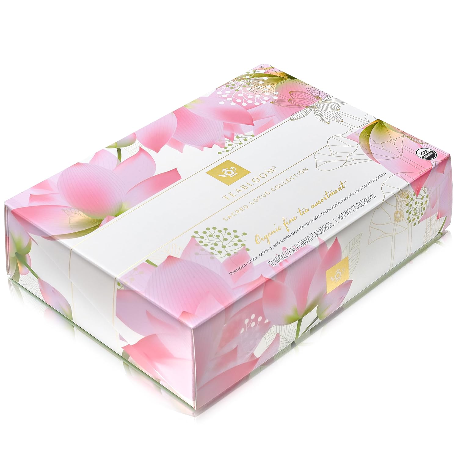 Teabloom Organic Sacred Lotus Pyramid Tea Presentation Box, 12 Assorted USDA Certified Organic Whole-Leaf Pyramid Tea Sachets, Green Tea, Oolong tea, White tea - Image 4
