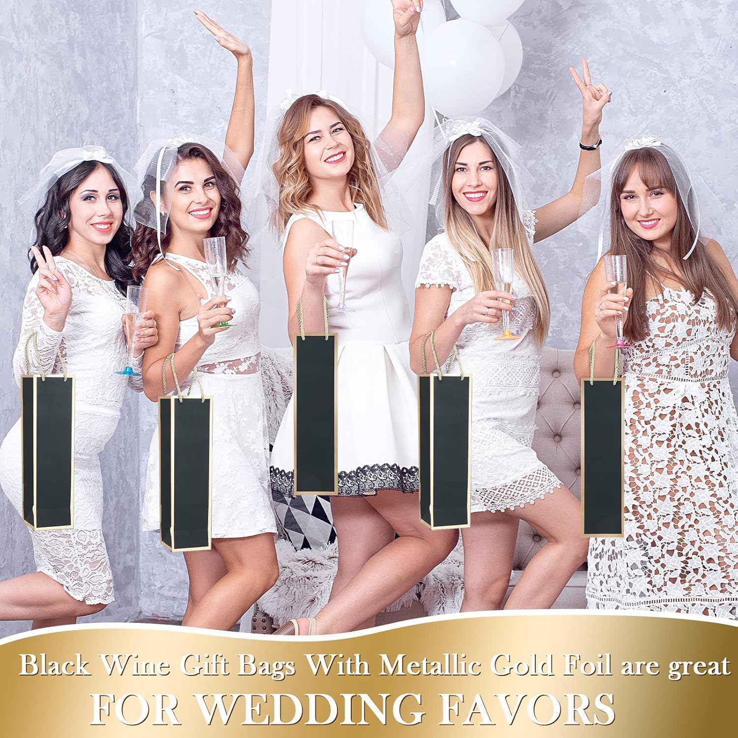 Mimorou 50 Pack Graduation Wine Bags Bulk Wine Bottles Gift Bags with Handles 13.8x3.8x3.8 Reusable Gold Foil Print Kraft Paper Liquor Bottle Gift for Wedding Bridal Shower Birthday supplies(Black)