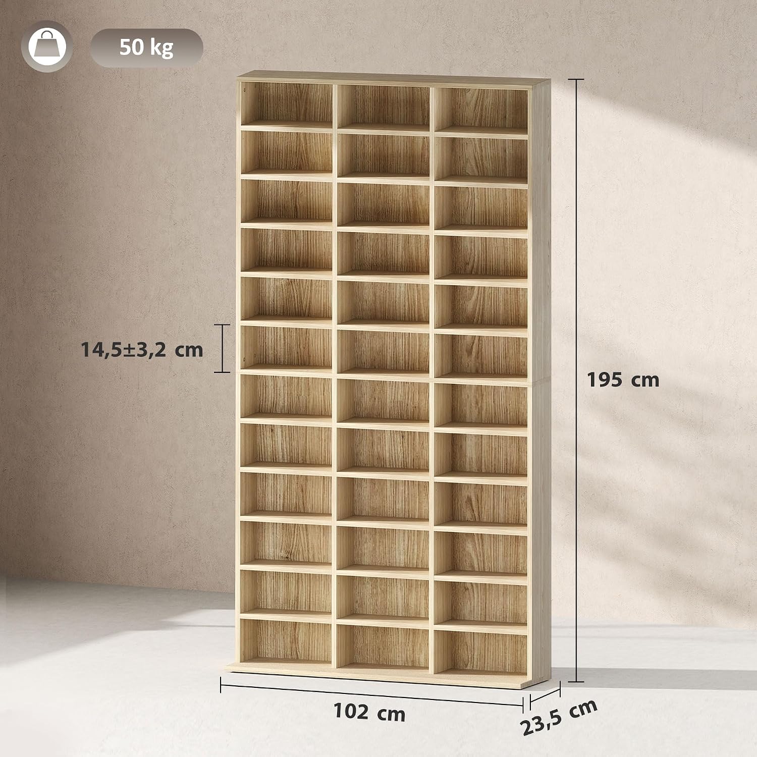 Diagram showing the dimensions of the HOMCOM CD/DVD storage shelf: 102 cm width, 23.5 cm depth, 195 cm height, and 50 kg load capacity