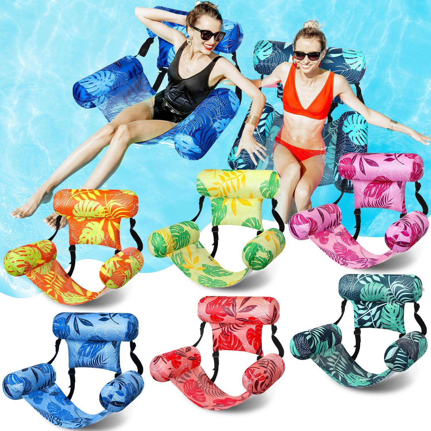 6 Pcs Inflatable Pool Floats Chairs Adult Floating Lounge Chair Adjustable Hammock Water Floating Chair Tropical Leaf Plants Swimming for Summer Party Beach Water Lake Fun