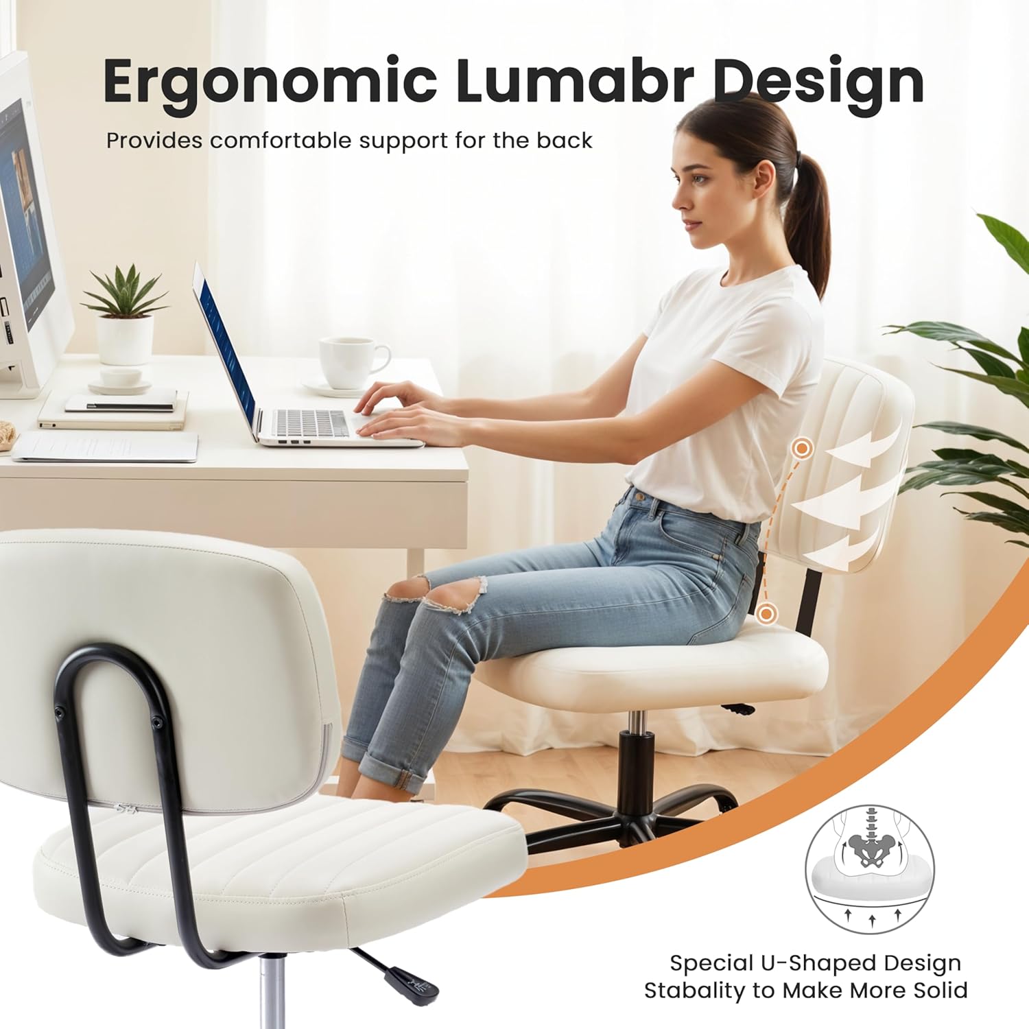 Simple Deluxe Small Desk Chair, Armless Office Chair with Wheels, PU Leather Comfy Computer Task Swivel Vanity Rolling Chairs No Arms for Small Space, Home Office, Beige White