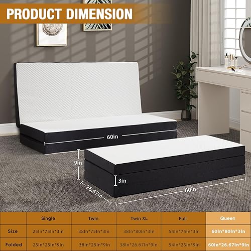 Miniatura 6 de DUMOS Colchoneta de dormir plegable de tres pliegues, alfombrilla de espuma portátil de 3 pulgadas de grosor para aventuras al aire libre,