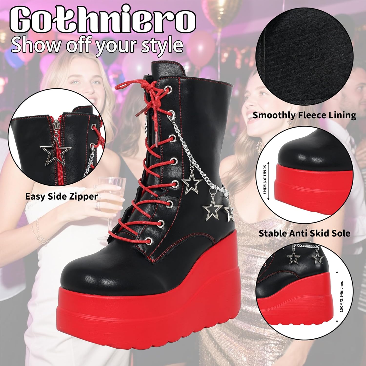 Gothniero Platform Goth Ankle Boots for Womem Black Holographic Combat Chunky Heel Boots with Side Zip Lace Up Wedge Booties US5.5-11