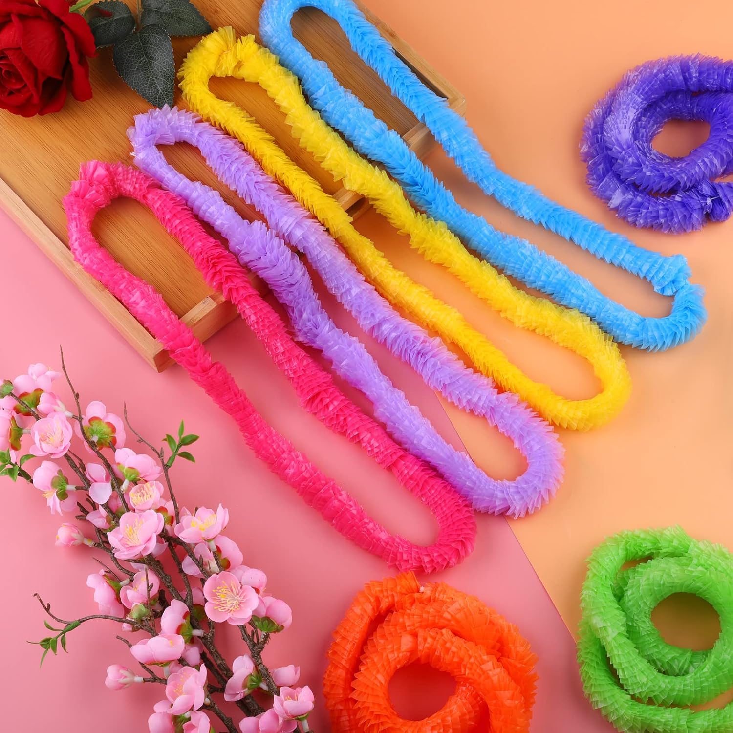 Elcoho 36 Pieces Plastic Leis Bulk in Bright Colors Lei Necklaces Assortment Tropical Decorations for Hawaiian Themed Party Favors with 12 Colors