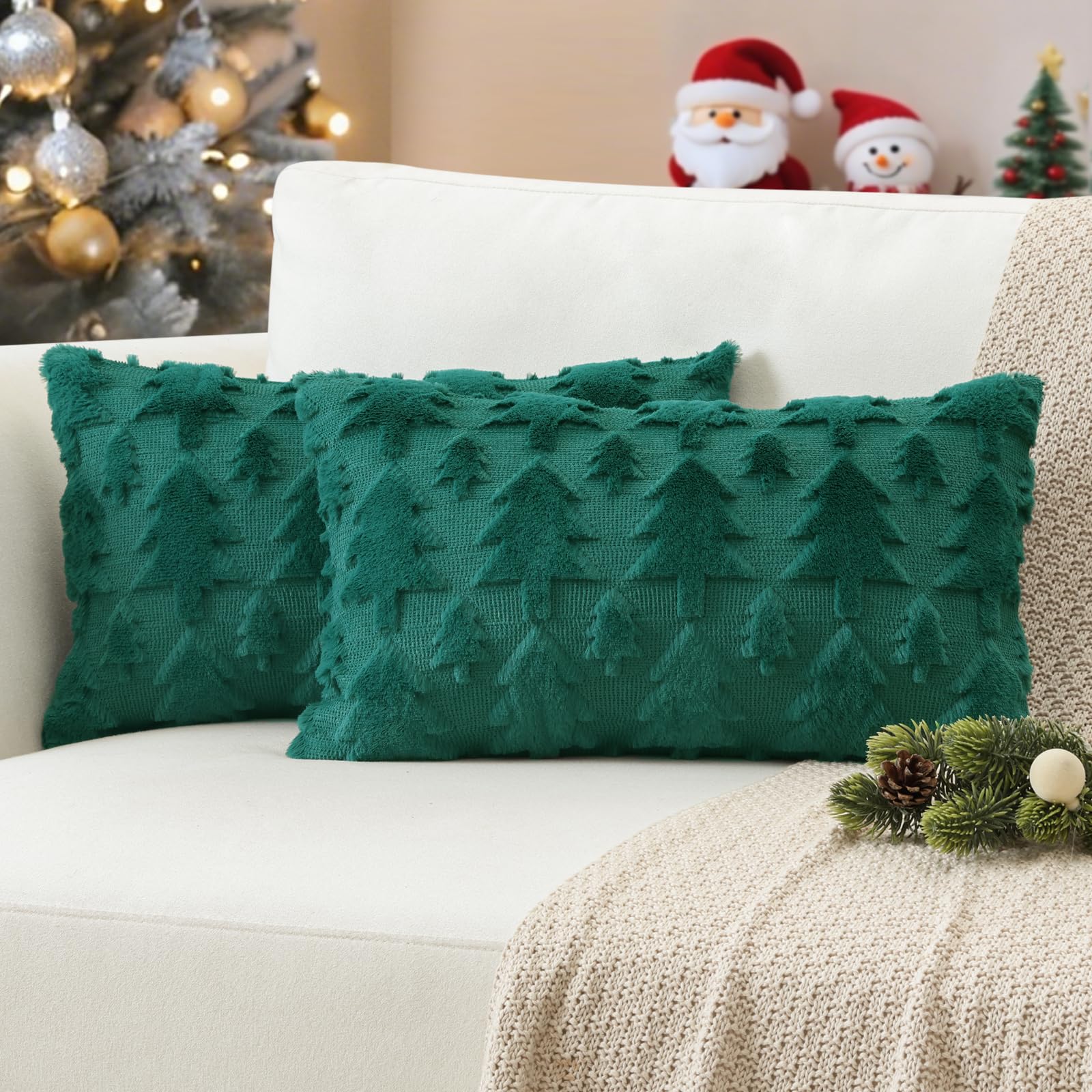 JOTOM Christmas Cushion Covers 30x50cm Set of 2 Christmas Tree Winter Holiday Decorative Throw Pillow Covers Soft Plush Faux Fur Pillow Case for Home Bed Couch Sofa Decor (Green)