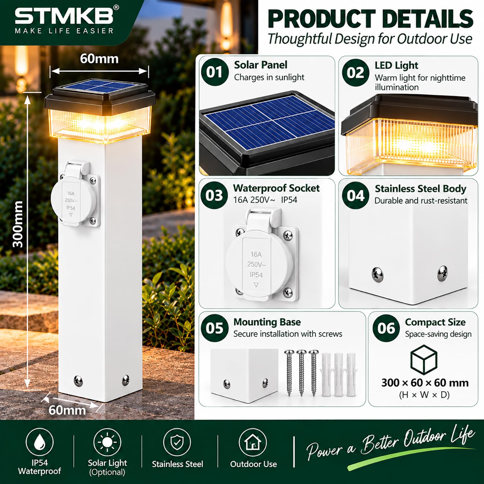 Poste De Luz Solar para Exteriores, 1 Toma De Corriente, Pedestal Eléctrico Impermeable Ip54 para Jardín, Patio Y Terraza.