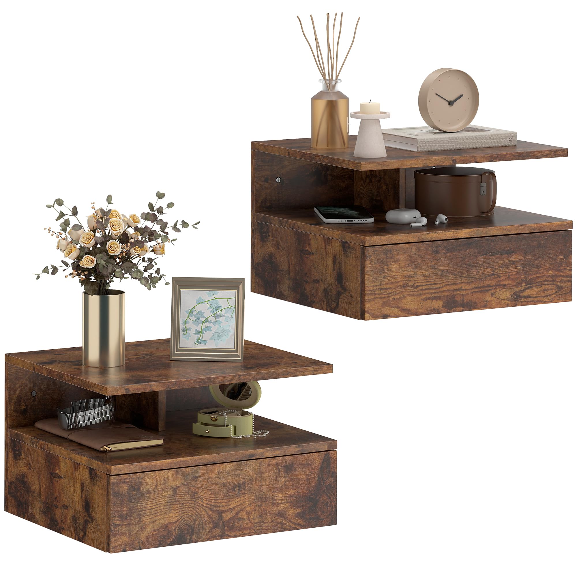HOMCOM Set di 2 Comodini Camera da Letto Sospesi con Cassetto e Scomparto Aperto, Coppia di Comodini Moderno in Legno, Tavolini per Divano, Soggiorno, Salotto e Camera, 35x32x22.5 cm, Marrone Rustico