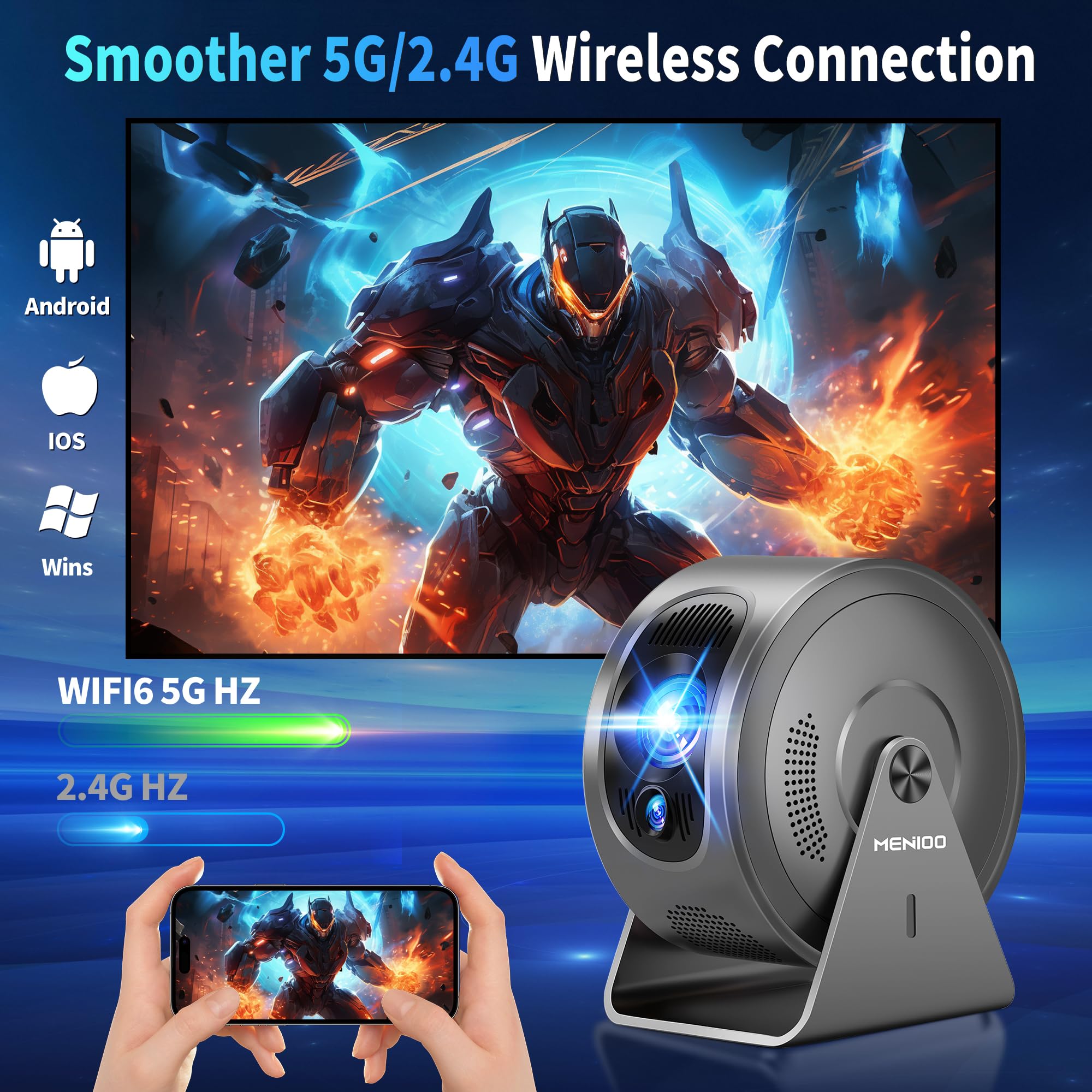 Mini Projector [Integrated Apps & 2026 Upgraded] Supporto 4K 1080P, Portable Projector Auto Focus/Keystone avec WiFi 6 et Bluetooth 5.4 Correction 360°Rotation, Mini Proiettore Home Theater - Grigio