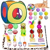Retro Shaw Cat Toys Pack 33Pcs, Interactive Kitten Toys for Indoor Cats Kitty with Collapsible Play Tunnel Tent, Feather Teaser Wand Bell Balls Springs Mouse Toys for Boredom Relief & Exercise For cats less 12lbs