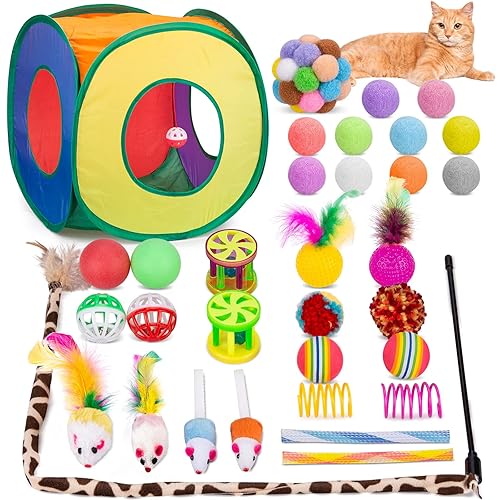 Retro Shaw Cat Toys Bundle 33 Pack, Interactive Kitten Toys for Indoor Cats Kitty with Collapsible Play Tunnel Tube Tent Feather Wand Teaser Bell Fuzzy Ball Springs Mouse Toy - For cats less 12lbs