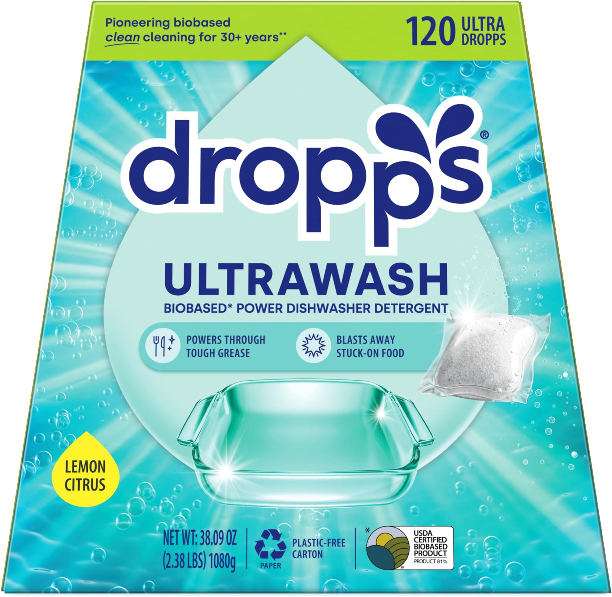 UltraWash Dishwasher Pods, Lemon Citrus (120 Count) - Biobased Power Deep Clean Dishwasher Detergent Tablets for Sparkling Shiny Dishes - No Rinse Aid or Pre-Wash Needed - Dishwashing Pods