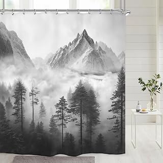 Riyidecor Black Mountain Shower Curtain 72Wx72H Inch Scenery National Park Smokey Tree Woodland Landscape Black Gray for Men Bathroom Decor Fabric Polyester Waterproof 12 Pack Hooks