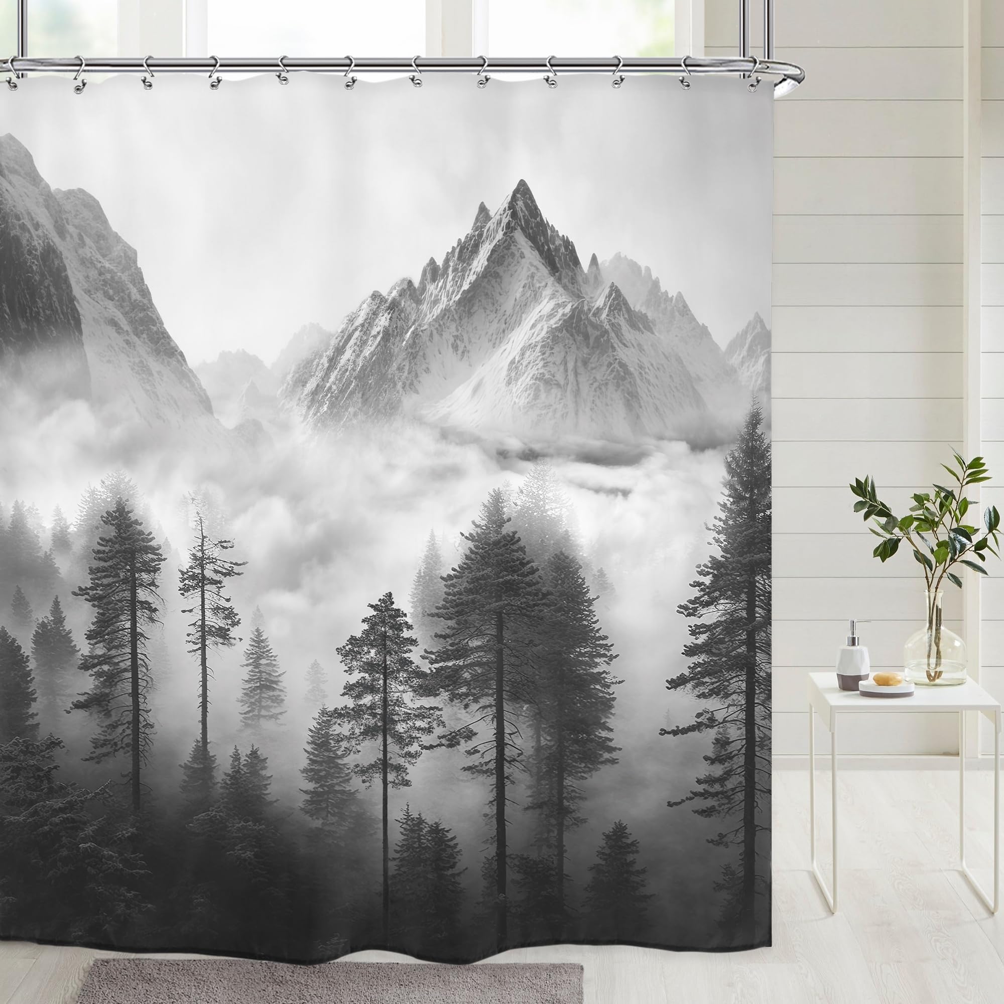 Riyidecor Black Mountain Shower Curtain 72Wx72H Inch Scenery National Park Smokey Tree Woodland Landscape Black Gray for Men Bathroom Decor Fabric