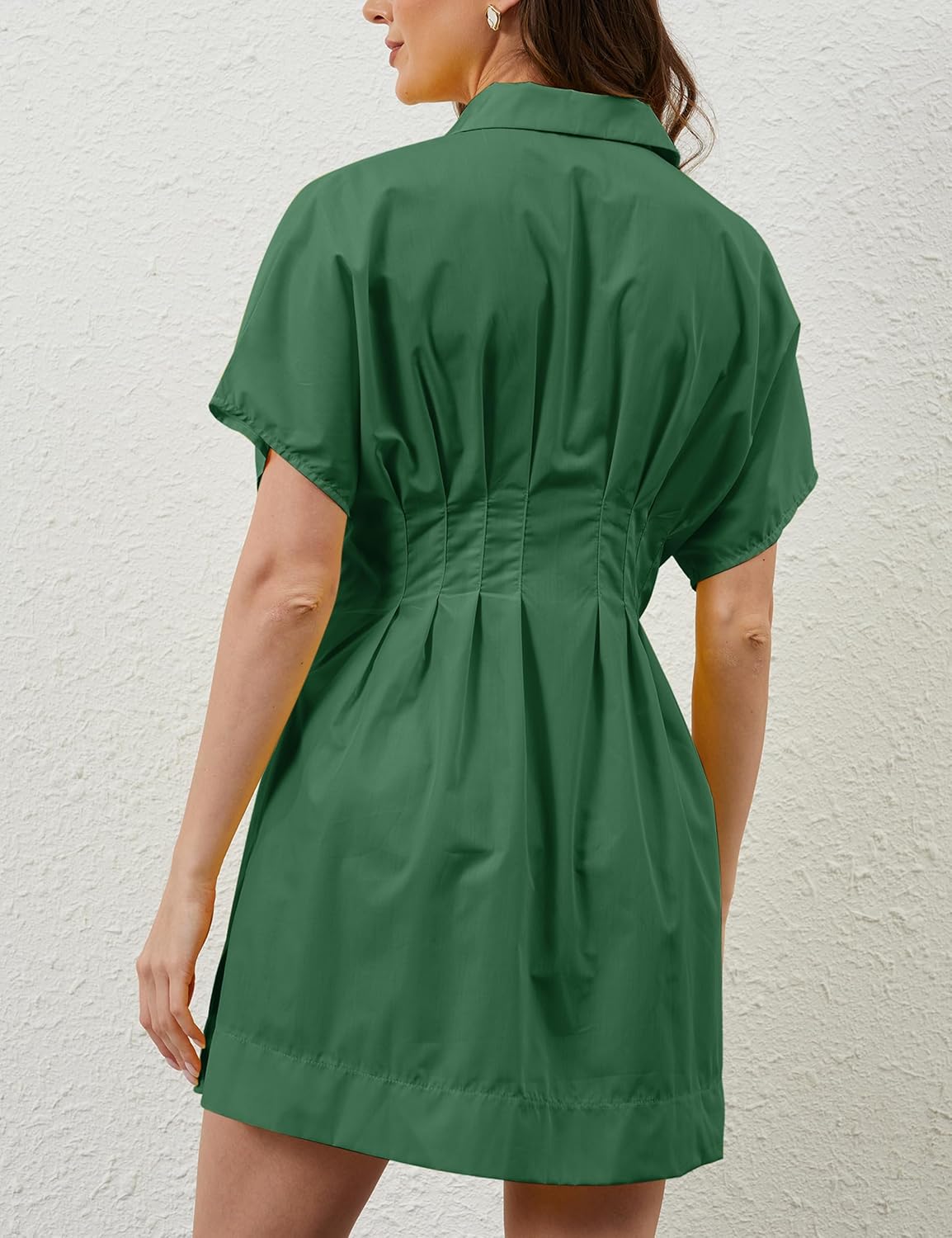 Women Button Down Pleated Shirt Dress Summer Short Sleeve Blouse Striped Print Corset Mini Dresses Dark Green - Image 5