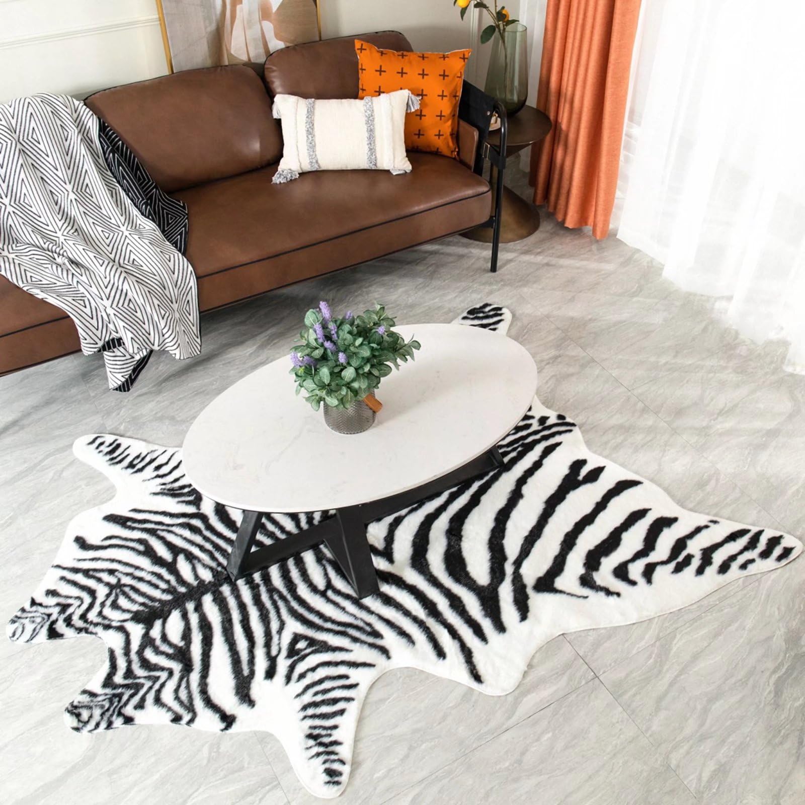 Grande tappeto zebrato in finta pelliccia, 1,5 m x 2 m, adatto per camera da letto, soggiorno, decorazione occidentale, finta pelliccia, tappeto in pelle di mucca, nero e bianco