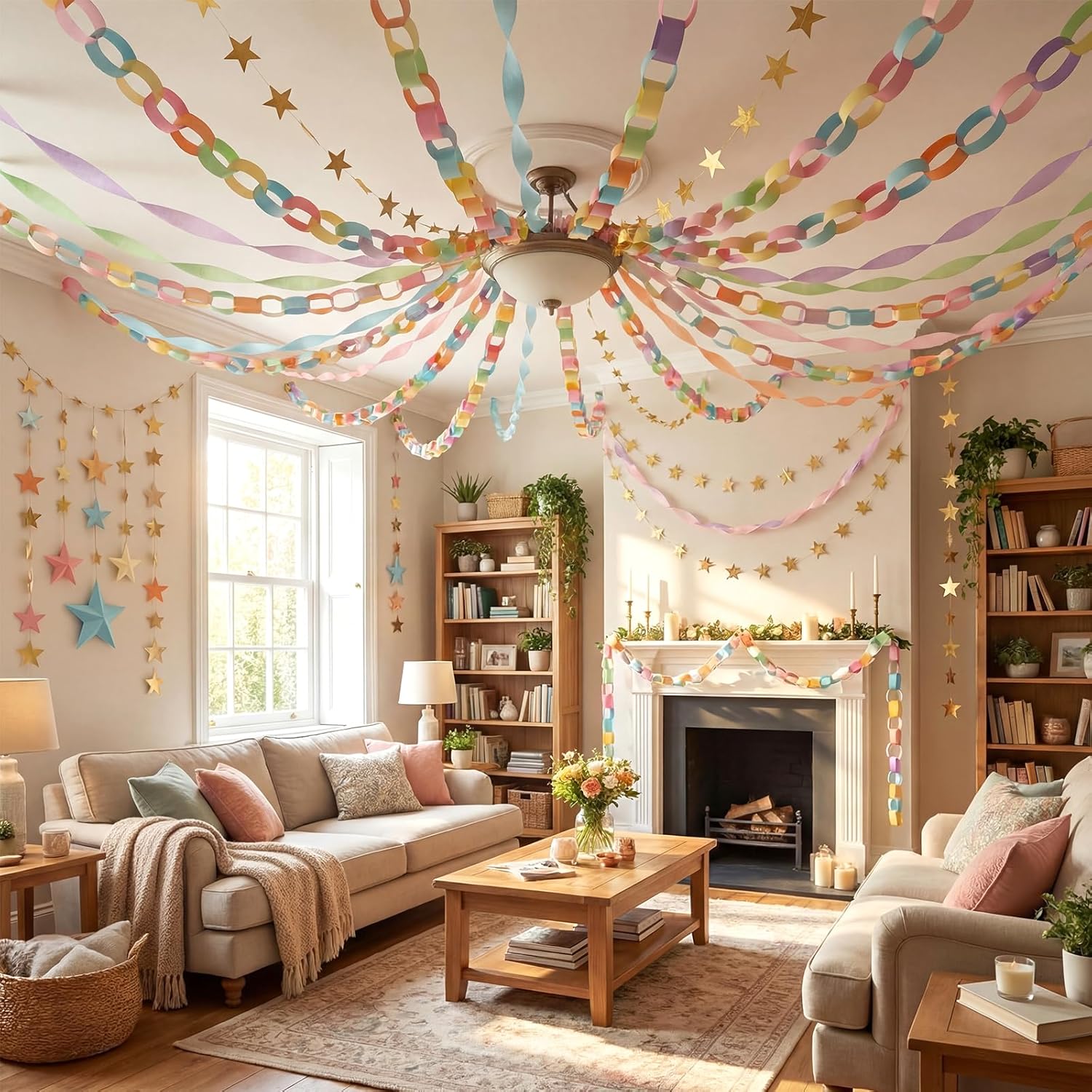 TaoBary Easter Decorations 492ft Pastel Crepe Streamers 600 Sheet Paper Strips Chain Garland 65.5ft Star Hanging for Pastel Party Birthday Wedding Decor