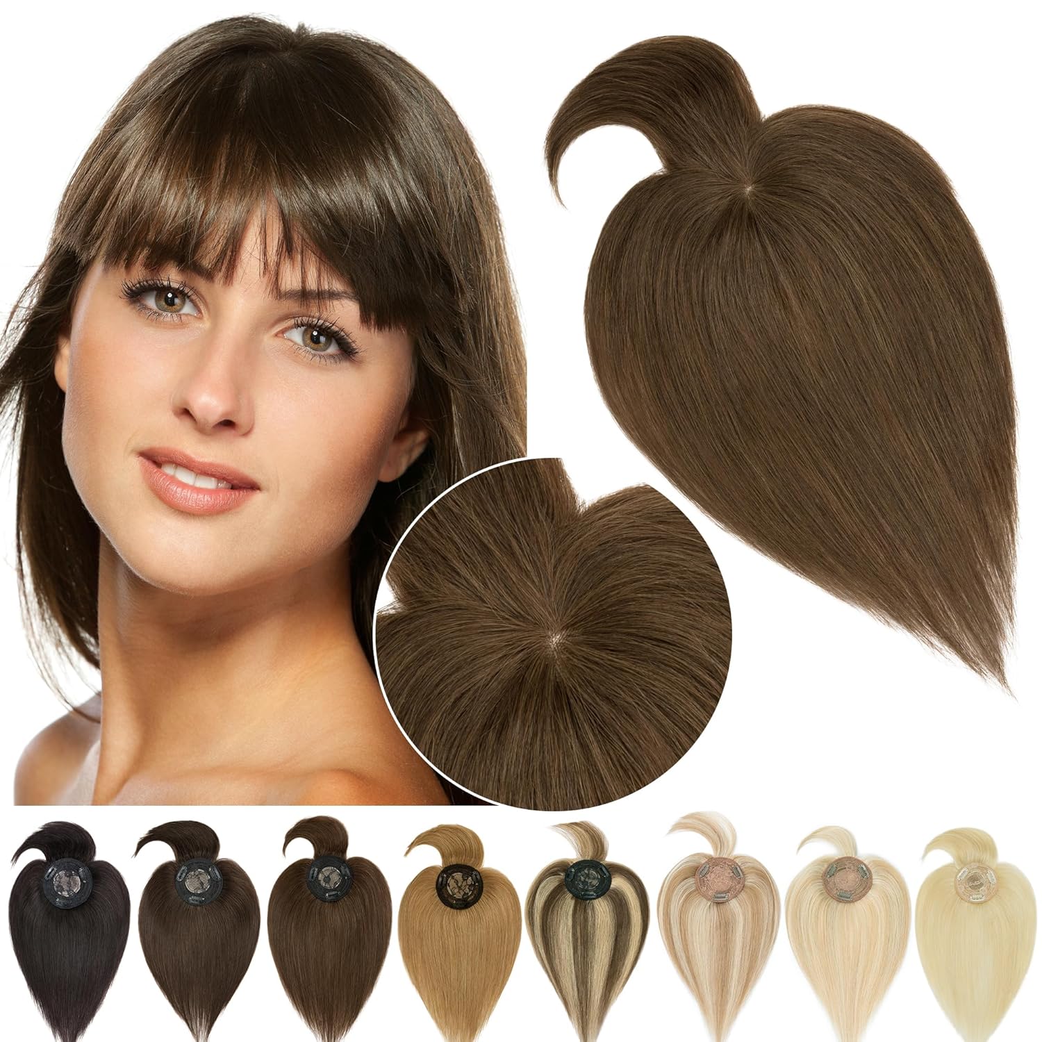 SEGO Hair Toppers for Women Real Human Hair with Bangs Mono Base 10 Inch Clip In Bangs Wiglets Topper Hairpieces for Women with Thinninghair /4Y Medium Neutral Brown