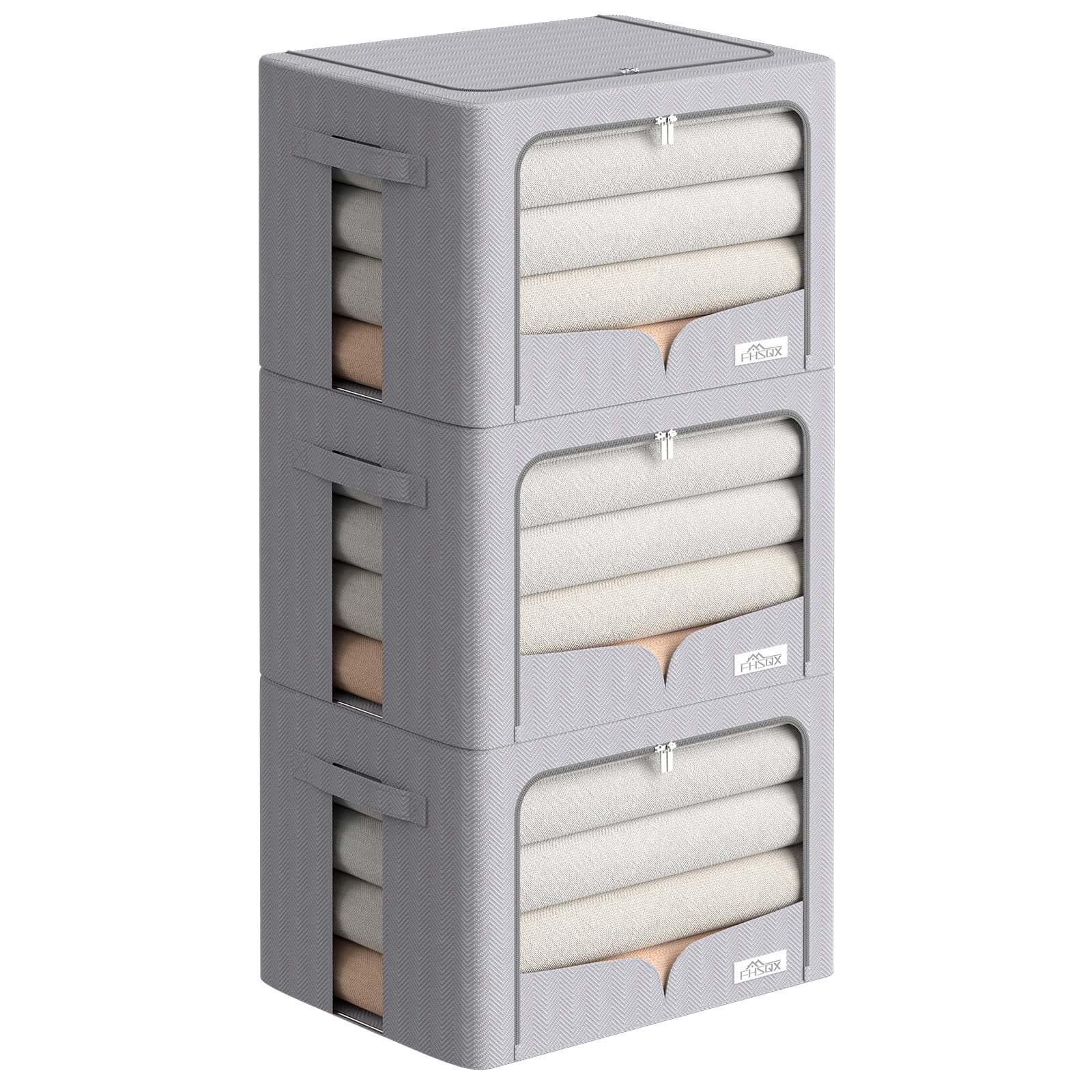 3 Pack Clothes Storage Organizer Bins - Foldable Metal Frame Storage Box Stackable Container Organizer Set with Carrying Handles and Clear Window (Large-66L-19.7x 15.7x 12.6 Inches, Light Grey)