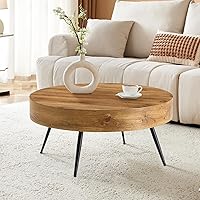 Vista 2 de LKTART Mesa de centro para sala de estar, mesas de centro redondas de madera con almacenamiento, mesa de té moderna de centro de metal