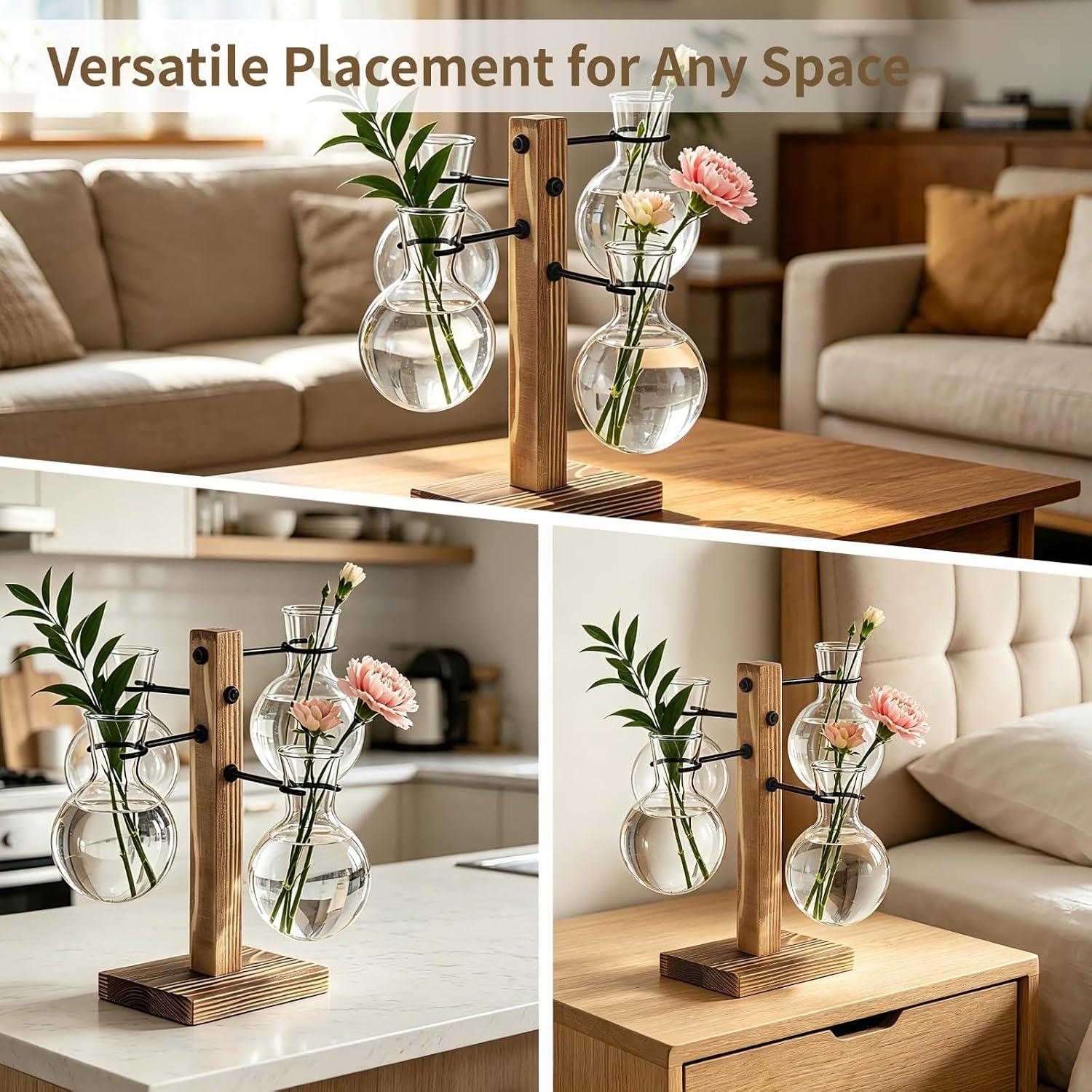 Hydroponic Plant Propagation Station, 4 Clear Round Glass Vases with Solid Wood Base, Mini Landscape Decor Set for Desktop Ornament, Home Garden Display, Ideal Choice for Plant Lovers image 5