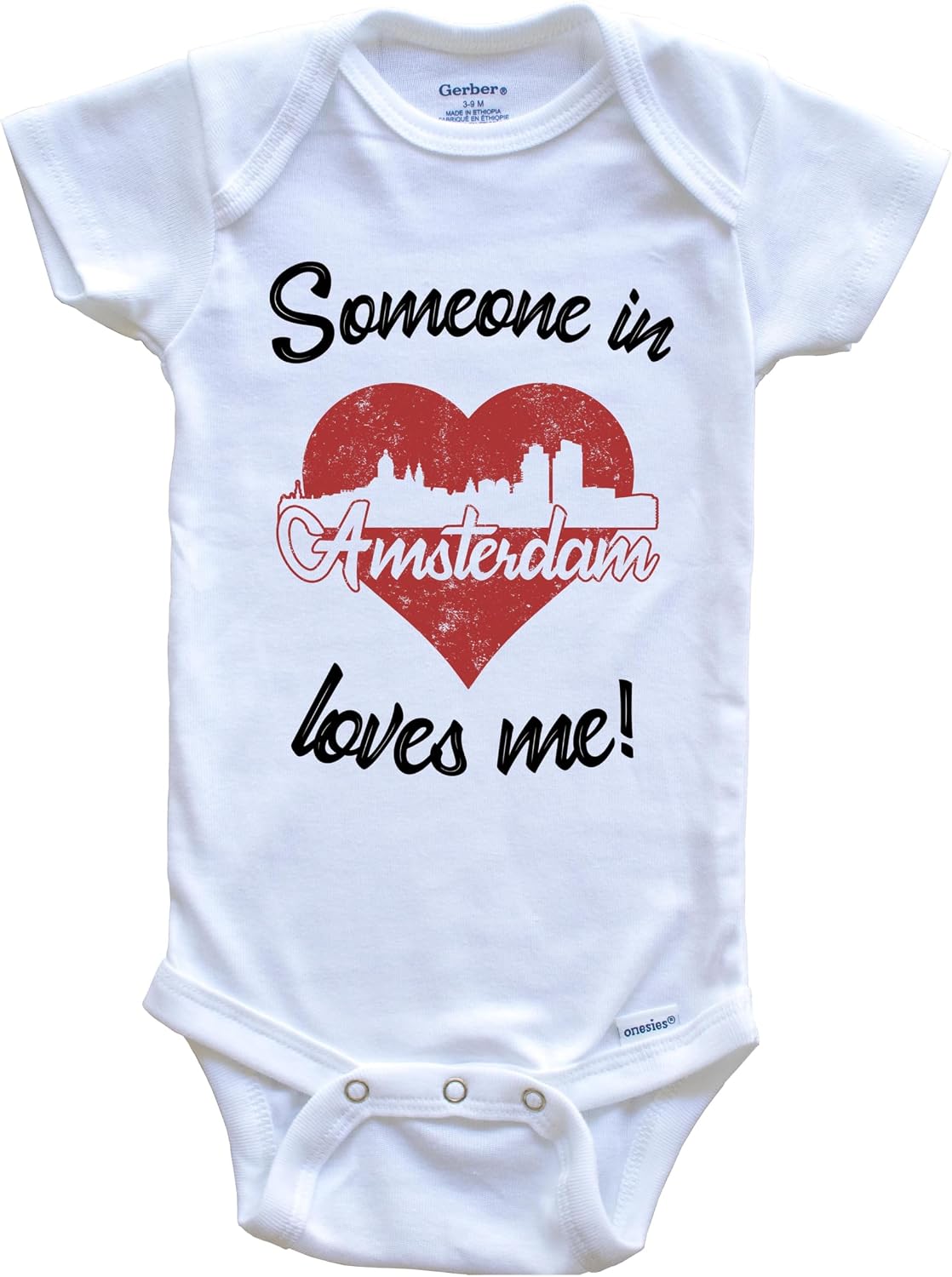 Someone in Amsterdam Loves Me Red Heart Skyline One Piece Baby Bodysuit