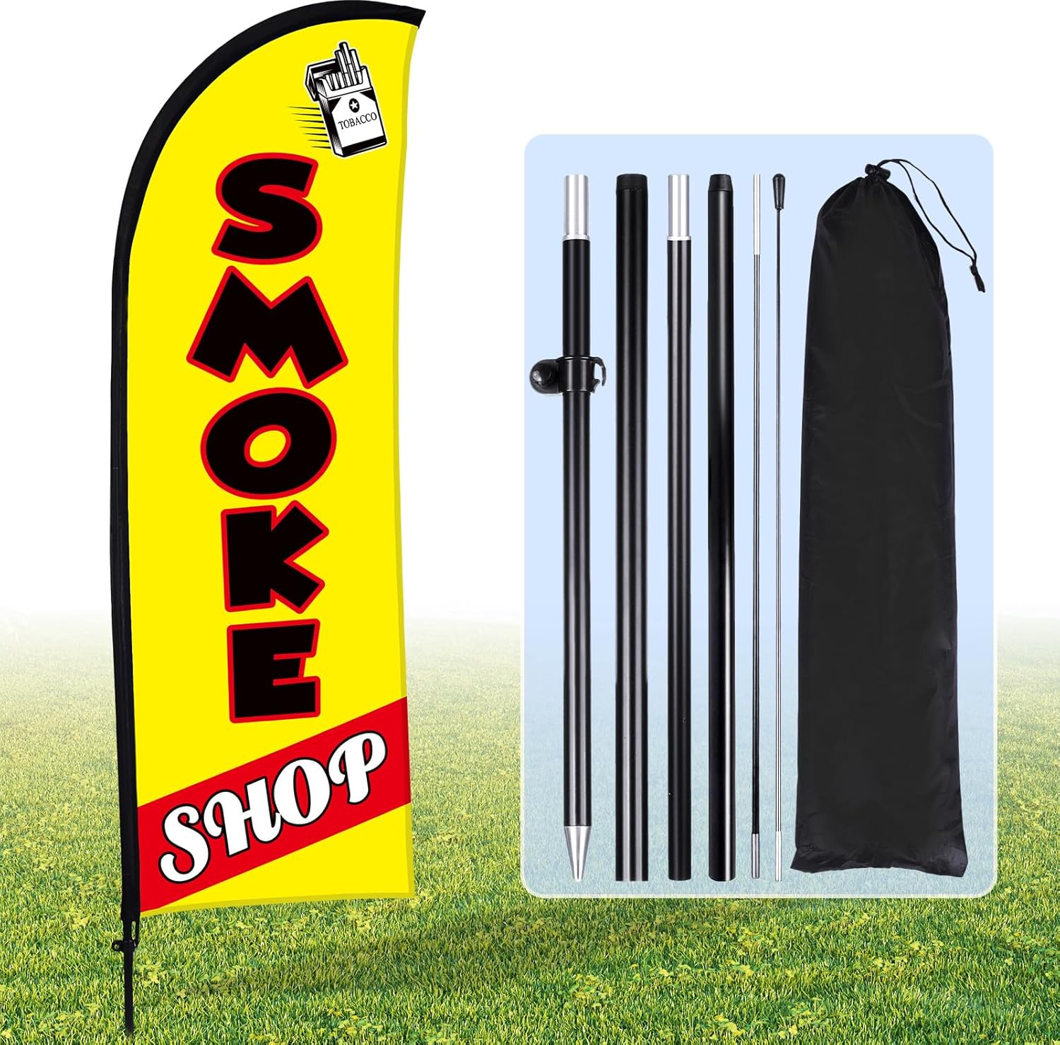 Buryeah Smoke Shop Sign Advertising Feather Banner Kits for Business 7 x 5.4 ft Feather Flag with Flag Pole Ground Stake Portable Smoke Shop Signs Flag Banner for Outside Business(Yellow)