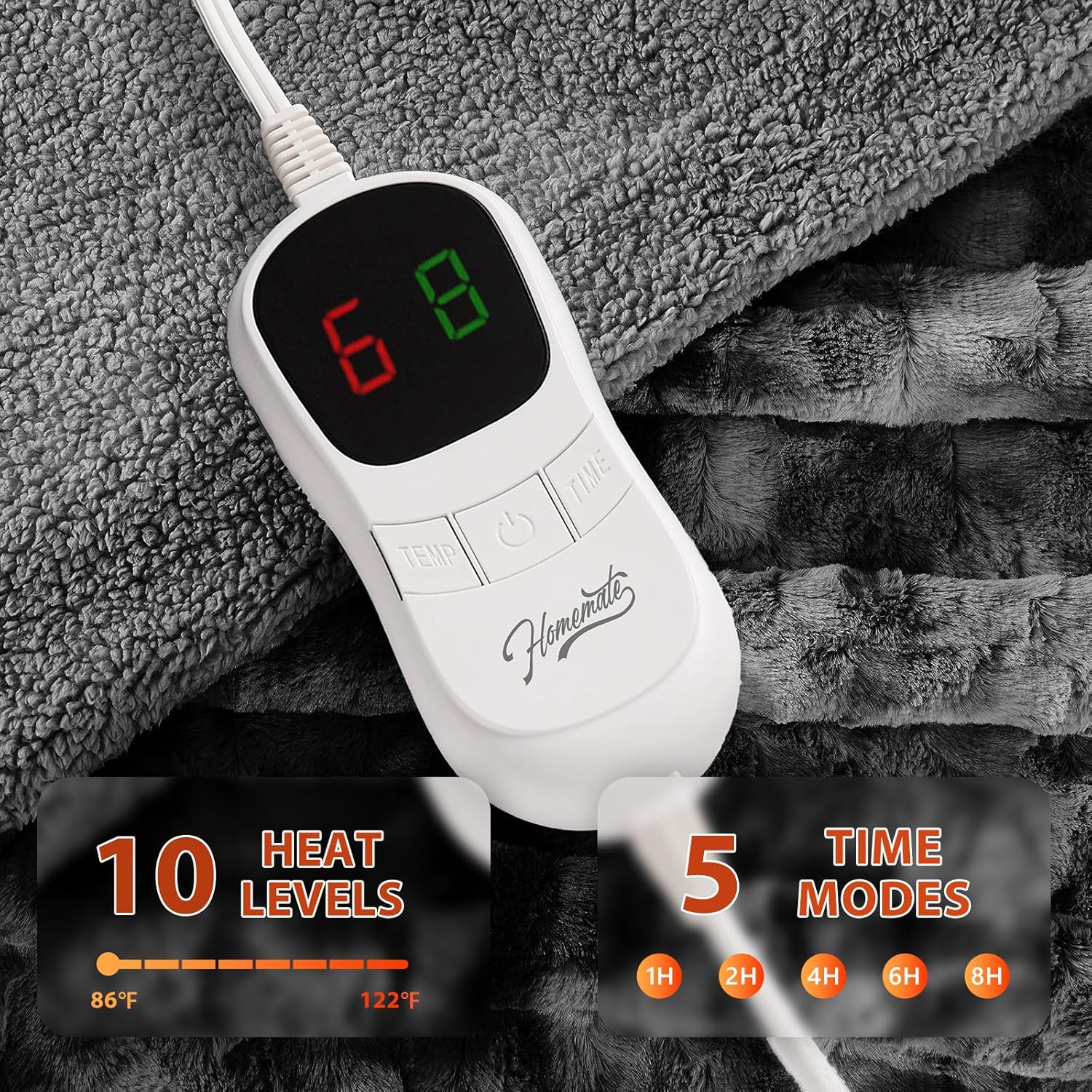 Homemate Heated Blanket Electric Throw - 50"x60" Heating Blanket Throw 1/2/4/6/8 Hours Auto-Off 10 Heat Levels Over-Heat Protection Luxury Faux Fur Sherpa ETL Certification - Image 3