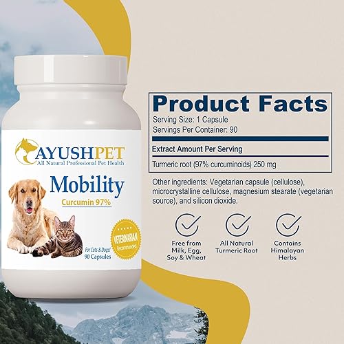 Miniatura 3 de Ayush Pet Mobility, suplemento de curcumina para articulaciones saludables, articulaciones puras y potentes, digestión y apoyo cerebral, mascotas