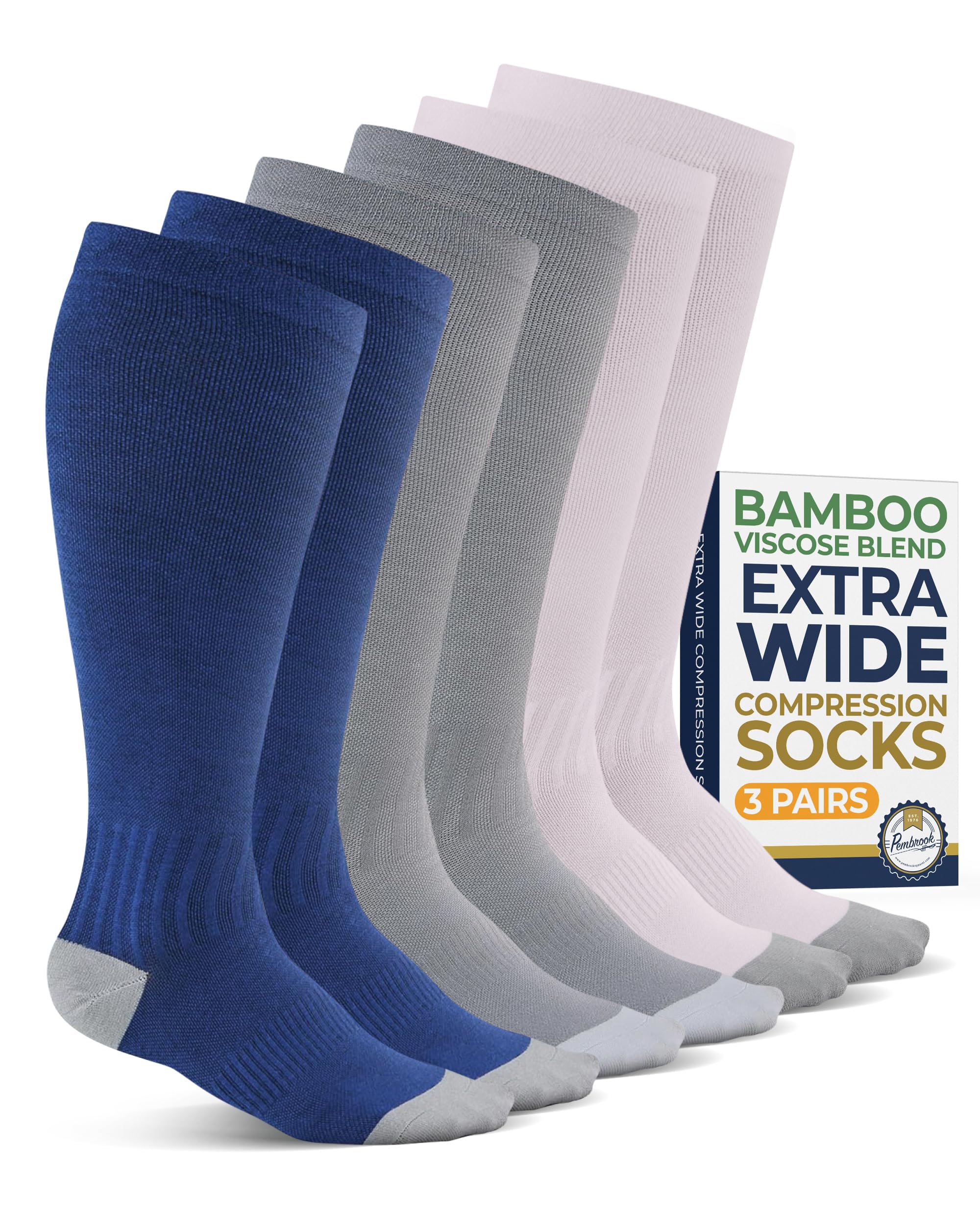 Pembrook 3 Pairs Plus Size Compression Socks Wide Calf - Bamboo Viscose Compression Socks for Women Wide Calf