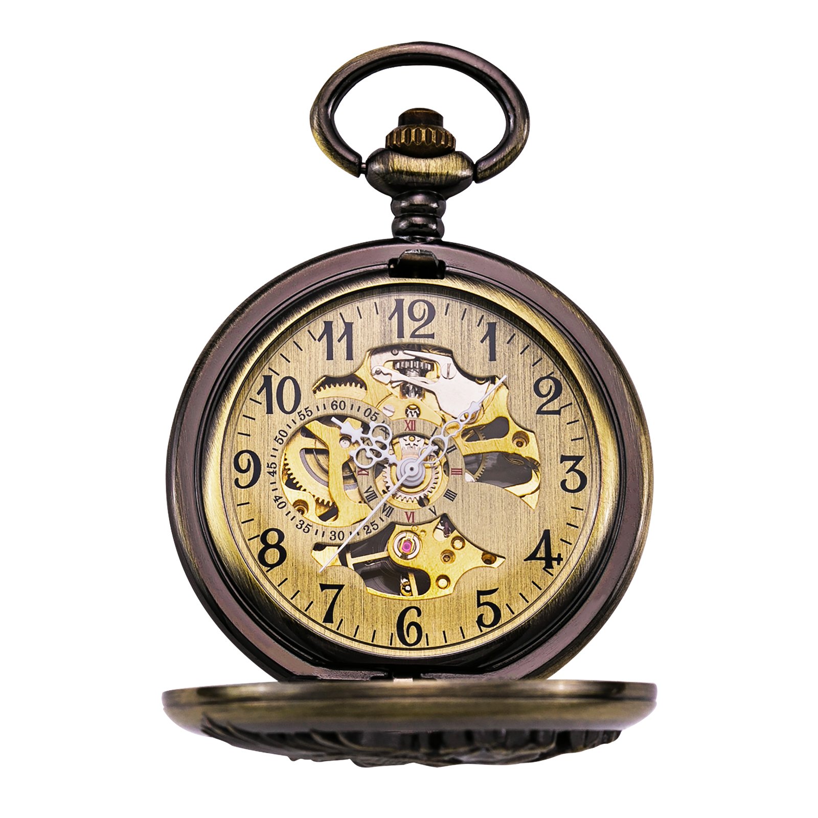 TREEWETO Vintage mecánico esqueleto hueco Pegasus tallado reloj de bolsillo para hombres mujeres, bronce