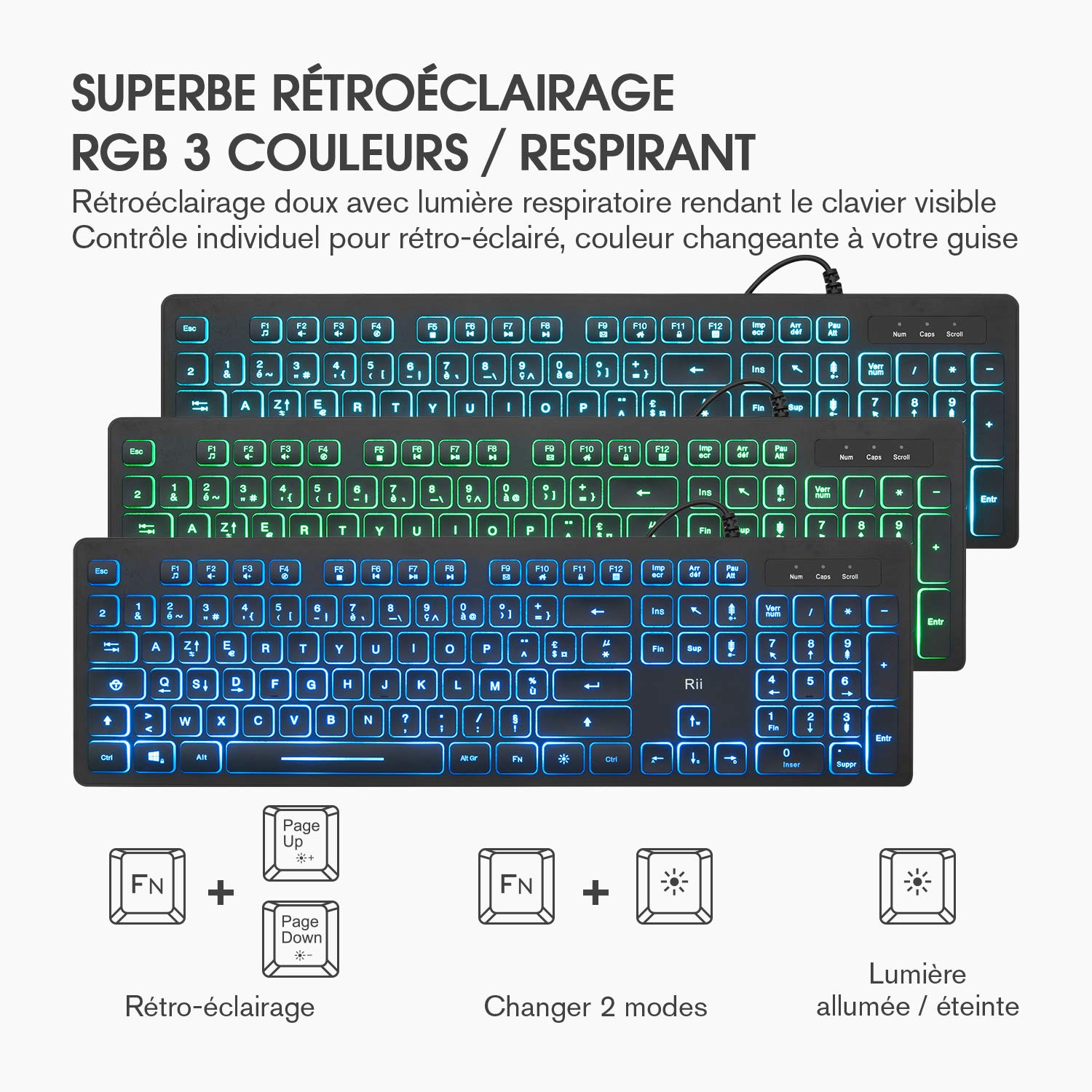 Rii RK105 Ensemble Clavier et Souris USB Rétroéclairé RGB pour Bureau de Domicile/Travail