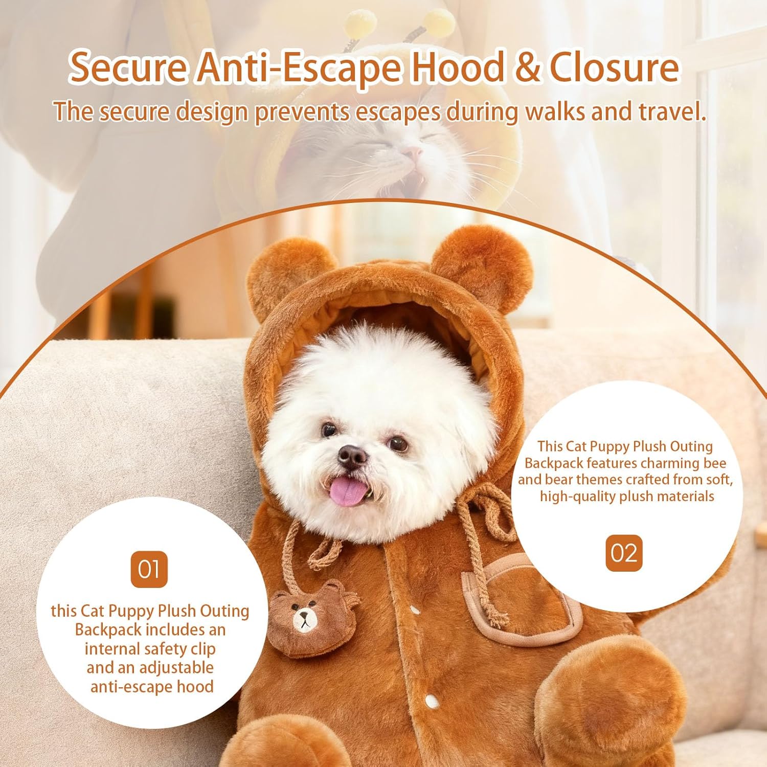 Cat Puppy Plush Outing Backpack, Pet Costume Winter Warm Outing Backpack with Adjustable Crossbody Strap Anti-Escape Hood, Bee and Bear,Style Carrier for Kitten, Puppy&Small Dogs (Brown,M)