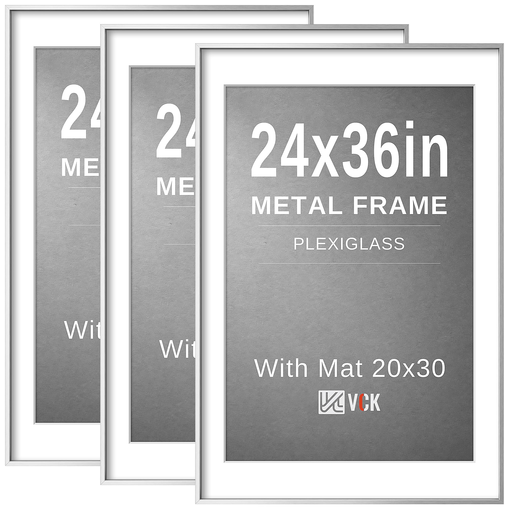 VCK 24x36 Poster Frame, Silver Metal - Matted to 20x30, 3 Pack, for Artwork