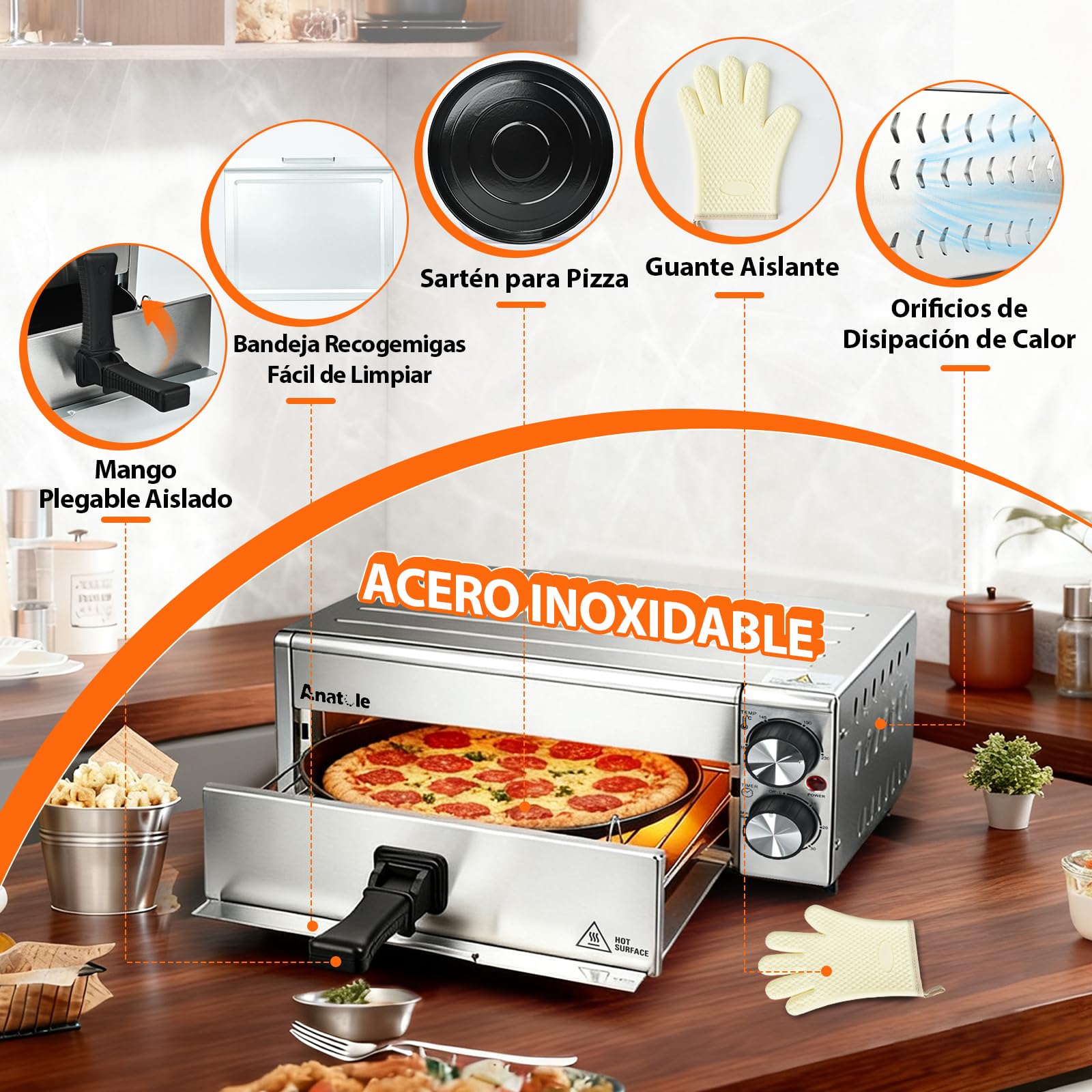 Anatole Horno de Pizza Eléctrico Freidora de Aire Acero Inoxidable 12" 1800W Pizzera Sobremesa Tiempo Temperatura Ajustable Pizza Oven Interior Multifuncional con Parrilla Bandeja Extraíble