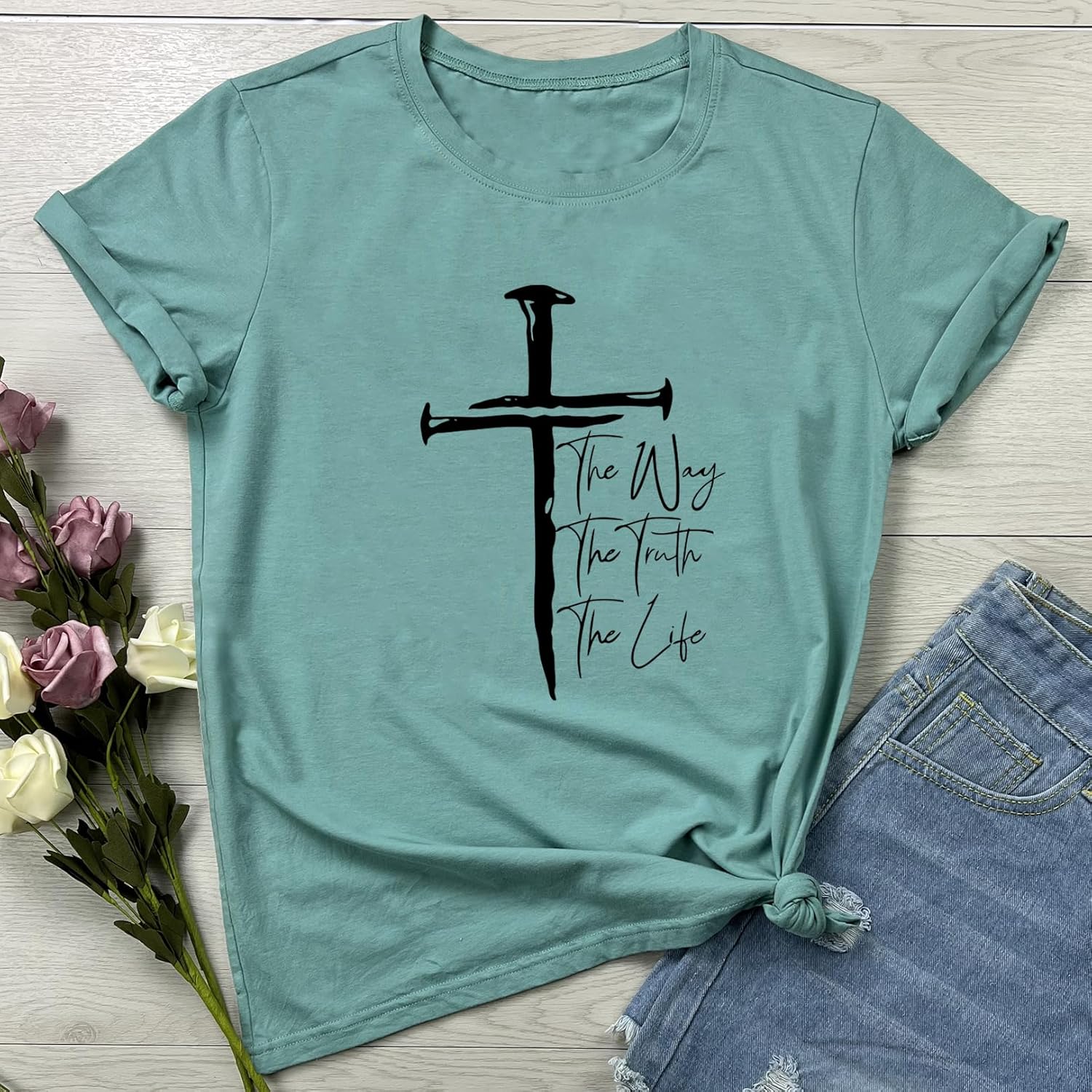 LOOKFACE Women Cross Graphic Tees Soft Tops - Image 2