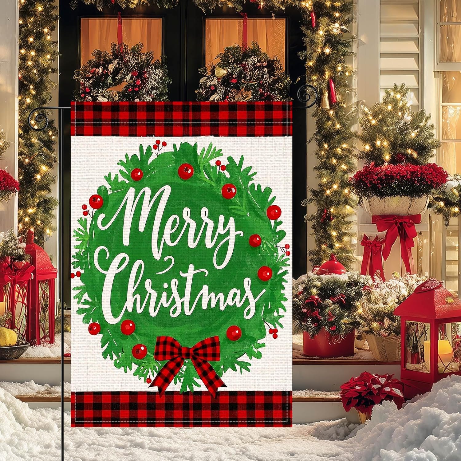 Merry Christmas Wreath Garden Flag 12x18 Inch Welcome Garden Flags Burlap Double-Sided Red Bow Snowflakes Pinecones Holiday Banner Winter Flag for Yard Lawn Decoration - Image 7