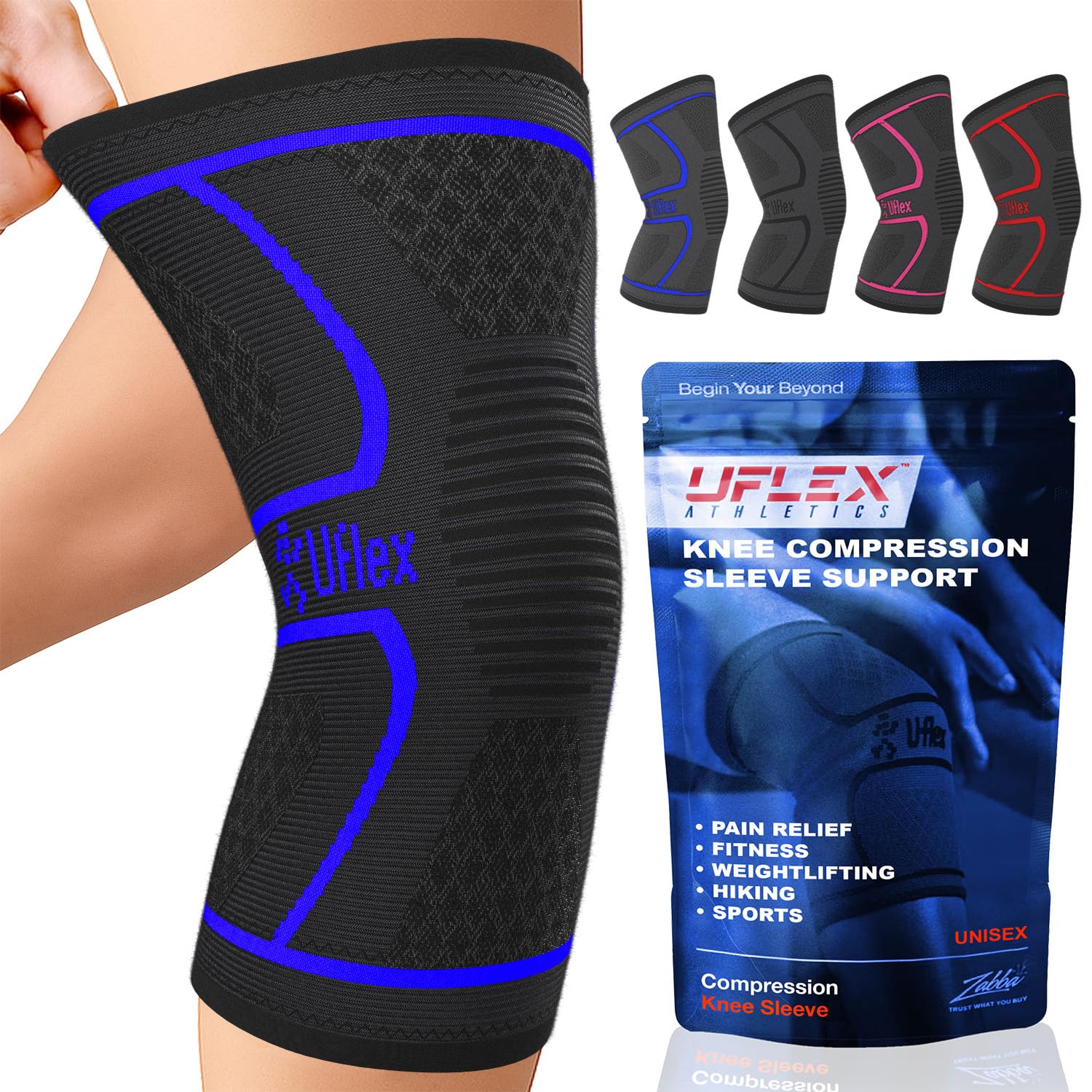 UFlex Athletics Compression Knee Brace for Women & Men Knee Sleeves Support for Sports, Running, Weightlifting, Arthritis, Meniscus Tear, ACL, Hiking, Recovery Support & Fitness