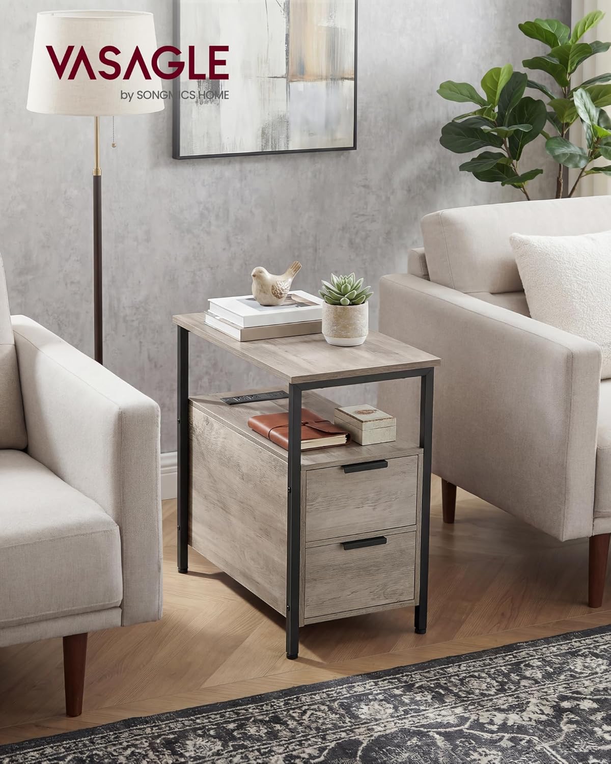 VASAGLE Side End Table with Charging Station, Slim Nightstand with 2 Drawers, Narrow Bedside Table for Living Room, Small Spaces, Heather Greige and Ink Black ULET321B02V1S