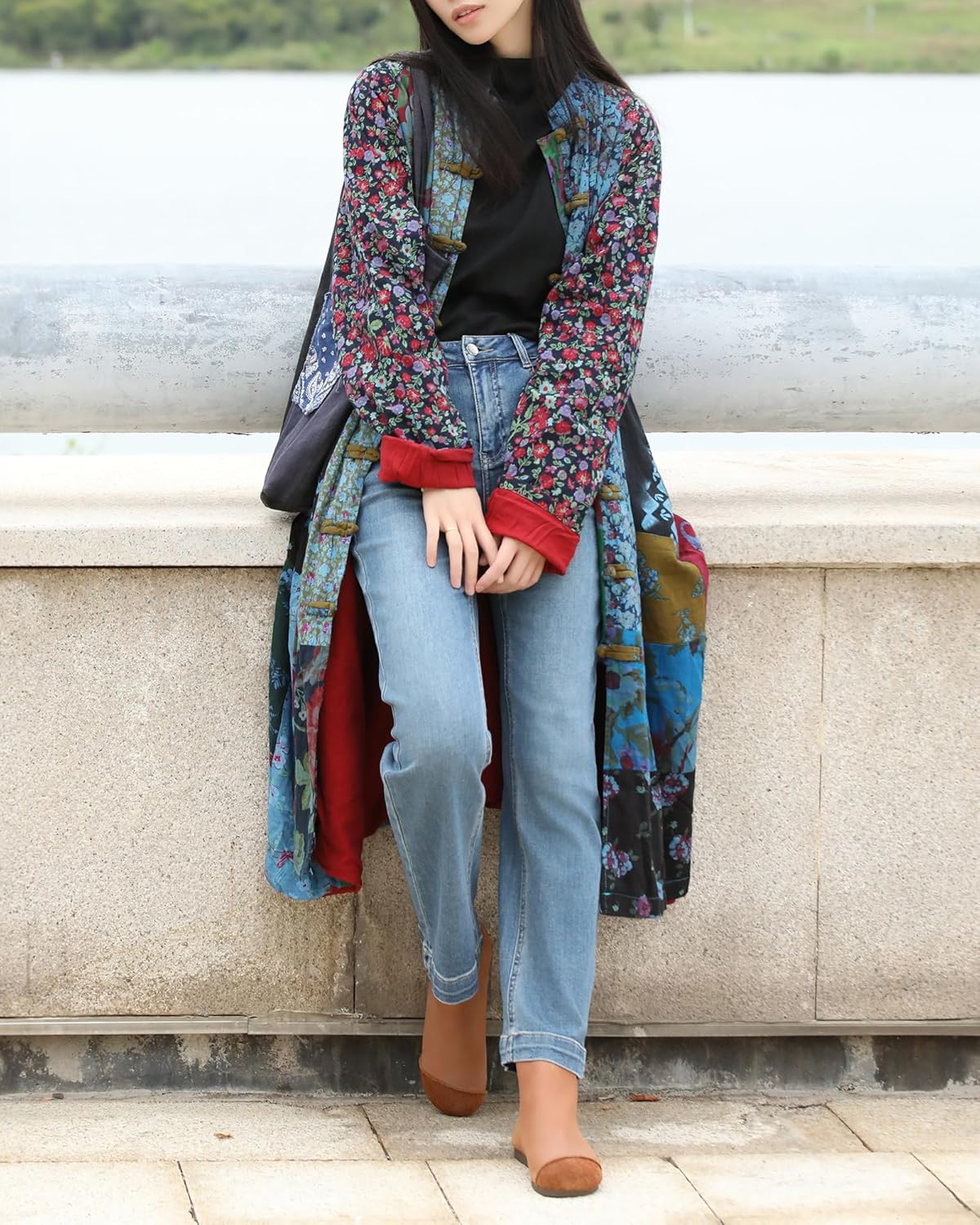 Women's Cotton Linen Printed Long Jacket with Unique Patchwork Cottagecore Style Casual Spring and Autumn Wear - Image 3