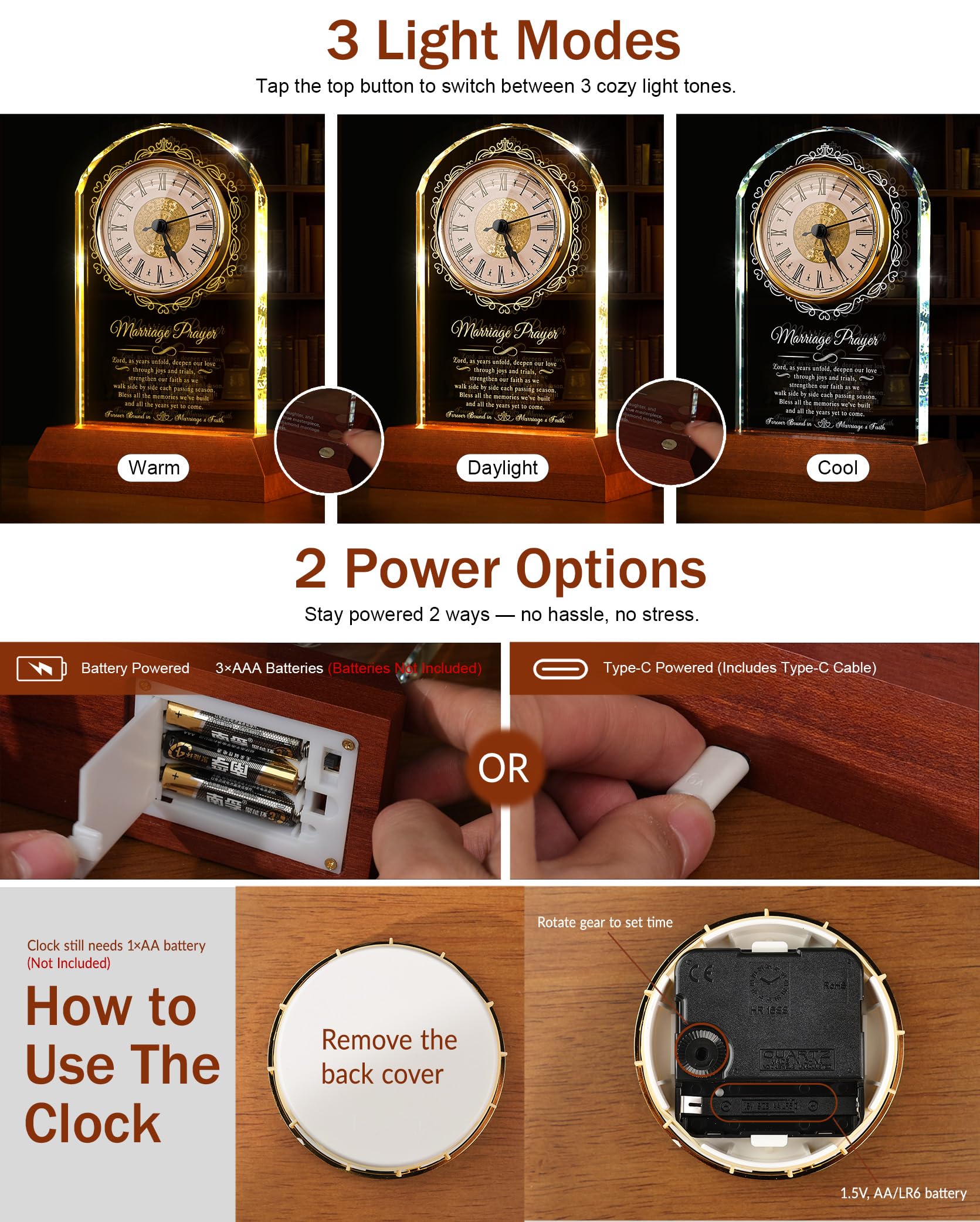 Regalos de boda para parejas 2026, reloj de cuarzo de cristal | Base de luz de madera, regalo de oración de matrimonio de feliz aniversario, regalo de compromiso único, para recién casados