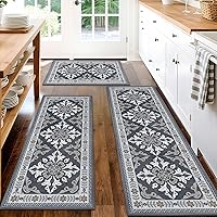 DailyCuddles 3-Piece Non-Slip Washable Kitchen Rugs - Grey Geometric Mats for Kitchen, Laundry, Office, Standing Desk (20x32, 20x48, 20x59)